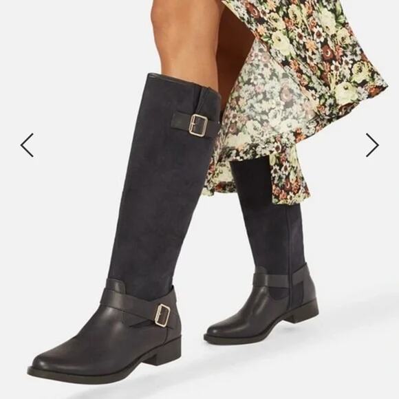 Black Size 9.5 Black Raelynn Faux Suede Buckled Block Heel Knee High Fall Boot - Picture 1 of 14